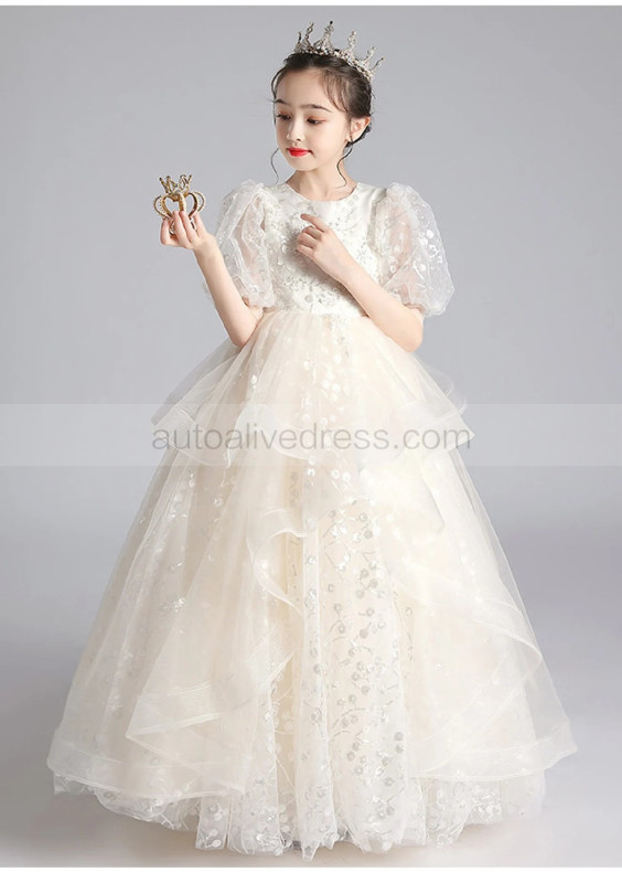 Beaded Ivory Lace Tulle Chic Flower Girl Dress Beaded Ivory Lace Tulle Chic Flower Girl Dress